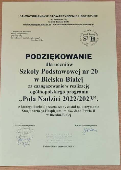 Pola Nadziei 2022 2023 Szkoła Podstawowa nr 20 im Jerzego Kukuczki w