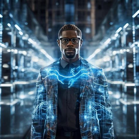 Premium Photo Ai Cyborg Wearing Futuristic Eyeglasses Standing By Light Trail