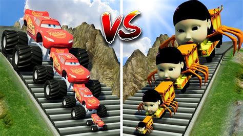 Big Small Monster Truck Lightning Mcqueen Vs Train Doll Squid Game