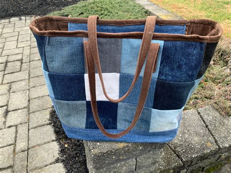 Large Denim Tote Bag With Zipper Made From Recycled Denim Jeans Etsy