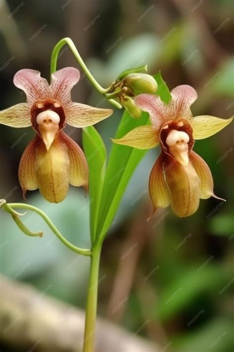 Premium AI Image | Two small brown monkey faced little dragon orchids
