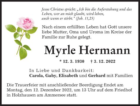 Traueranzeigen Von Myrle Hermann Augsburger Allgemeine Zeitung