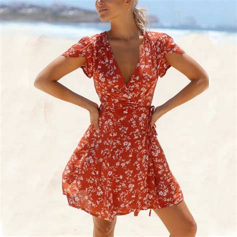 Sexy Summer Dress Women Deep V Neck Cap Wrap Dress With Sash Lady