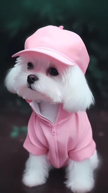 Un perro pequeño con una chaqueta rosa y un sombrero rosa se sienta