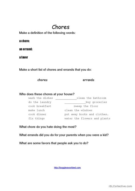 Chores English Esl Worksheets Pdf And Doc