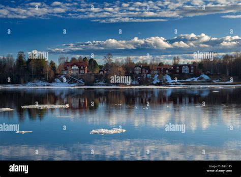 Typical Wood Houses Next To The Ume River Umeå Sweden Stock Photo