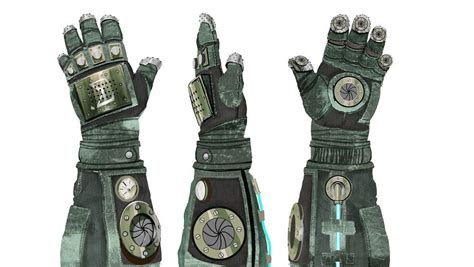 Two Green Leather Gloves With Metal Decorations And Buttons On The