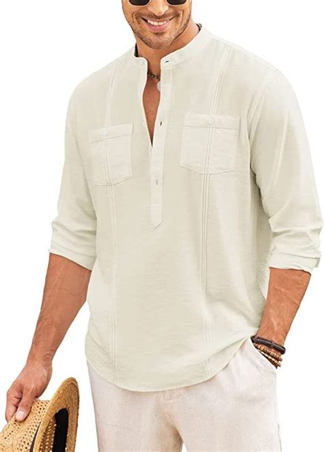 COOFANDY Men S Linen Henley Shirt Long Sleeve Casual Hippie Cotton