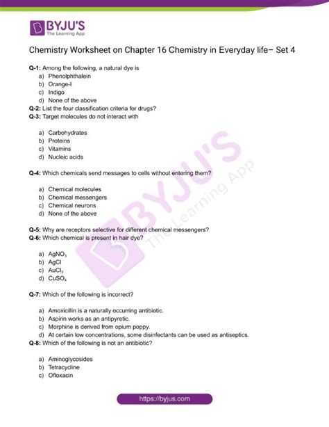 Class Chemistry Worksheet On Chapter Chemistry In Everyday Life