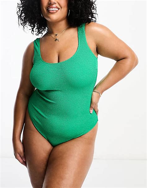 Asos Design Curve Crinkle Scoop Low Back Swimsuit In Jewel Green Asos