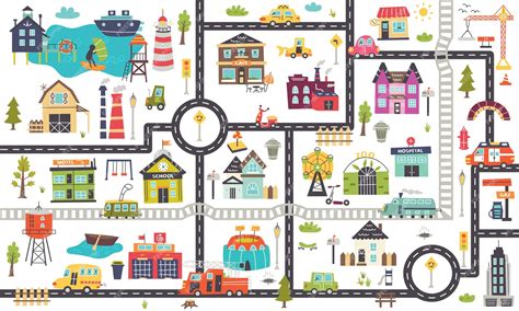 Premium Vector | Horizontal children's map with roads, cars, buildings ...