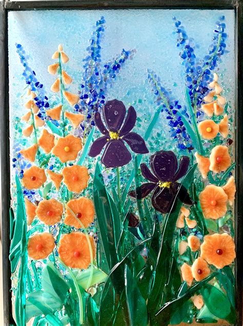 Fused Glass Garden Window Iris Hollyhocks And Lavender In 2022 Stained Glass Flowers Stained