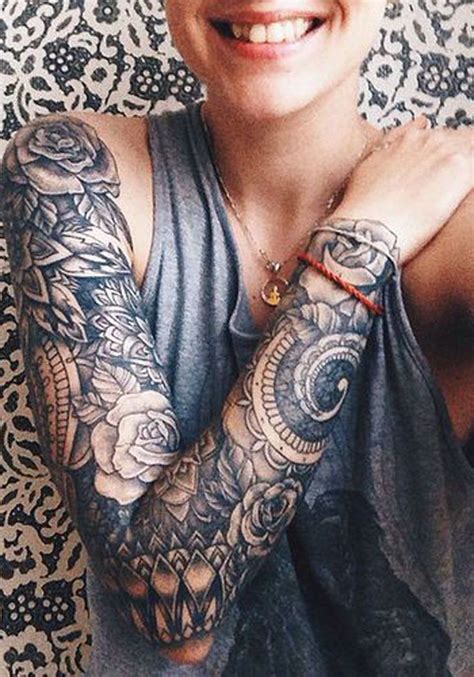 Black And White Floral Mandala Full Arm Sleeve Tattoo Ideas For Women