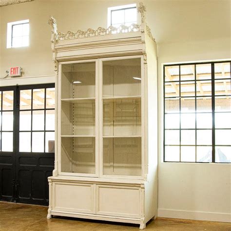 Pair Dramatic Tall Antique Bookcase Large White Display Cabinets