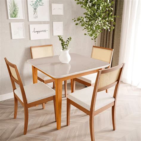 Mesa de Jantar Quadrada 4 Lugares 95cm Tampo MDF e Vidro Tangará