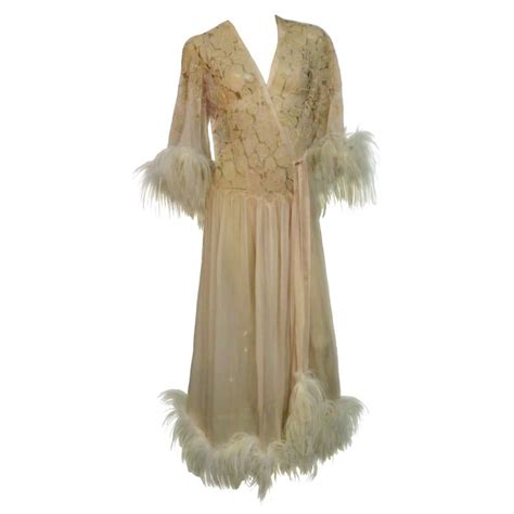 1920s Silk Lace And Chiffon Negligee W Ostrich Feather Trim For Sale