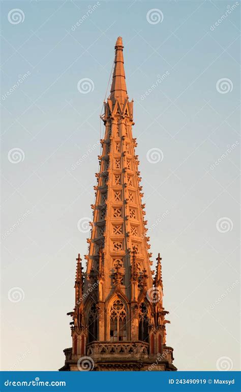 Elements Of Facade Of Catholic Church In Light Of Red Evening Sun Stock