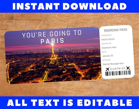 Printable Paris Boarding Pass Template Surprise Fake Airplane Airline Plane Ticket Trip T