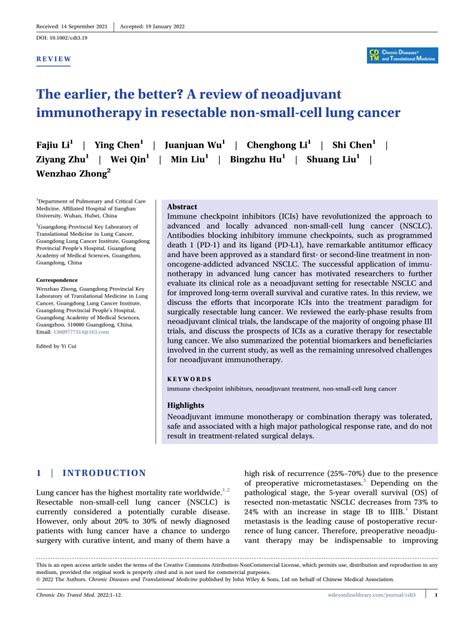 Pdf The Earlier The Better A Review Of Neoadjuvant Immunotherapy In Resectable Non‐small