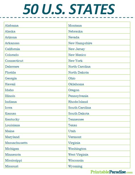 List Of The 50 States Printable