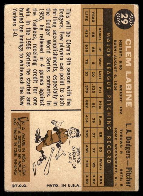 1960 TOPPS CLEM LABINE 29 VG BASEBALL LOS ANGELES DODGERS EBay