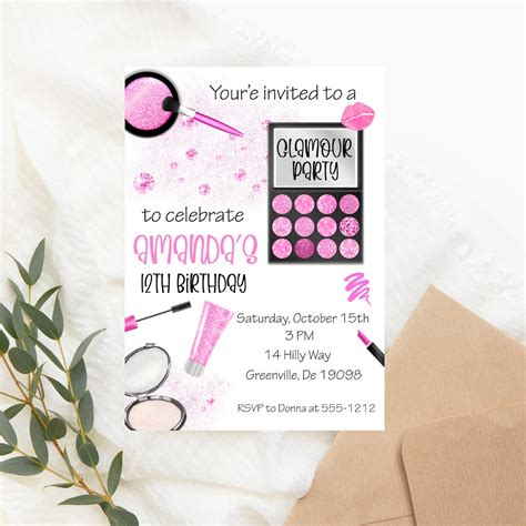 Spa Makeup Birthday Party Invitation Printable Pink Makeup Invitation