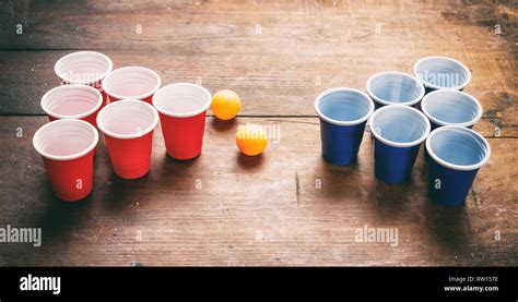 Beer Pong College Party Game Plastic Red And Blue Color Cups And Ping