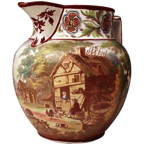 Antique English Pottery Pitcher With Hand Painted Rural Scene C1825