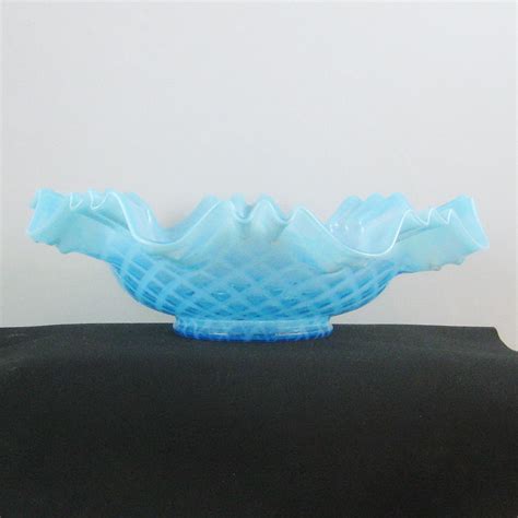 Antique Dugan Blue Opal Bubble Lattice Opalescent Glass Bowl Carnival