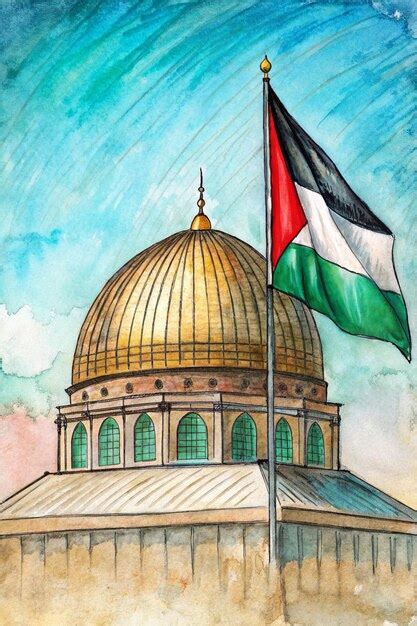 Premium Photo Palestine Flag And Dome Of Rock Hand Drawn Watercolor