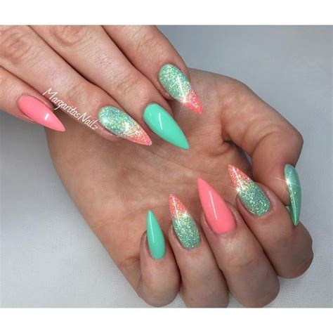 Coral And Mint Stiletto Nails Spring Nail Art 2016 Nails Opi Glitter