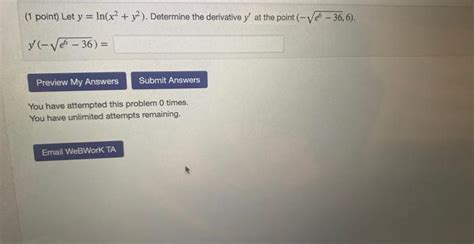 Solved 1 Point Let Y Ln X2 Y2 Determine The Derivative