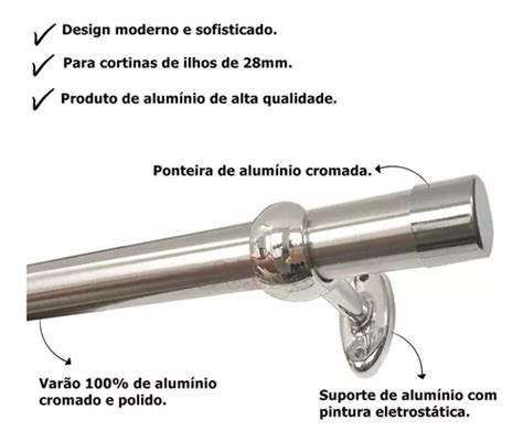 Kit Varão P Cortina Simples Cromado 28mm 2 Metros Alumínio Cor Cromado