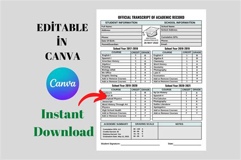 Printable Transcript Template, Homeschool Transcript, Official High ...