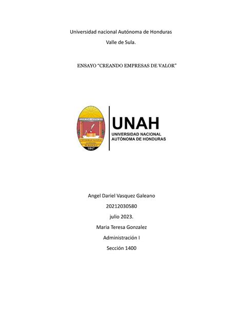 Primer Ensayo De Admi Universidad Nacional Autónoma De Honduras Valle De Sula Ensayo “creando