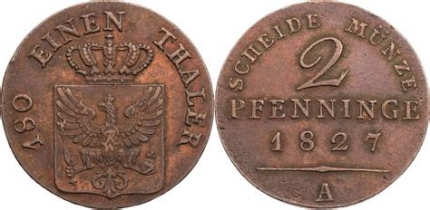 Preussen Königreich 2 Pfennige 1827 A Friedrich Wilhelm III 1797