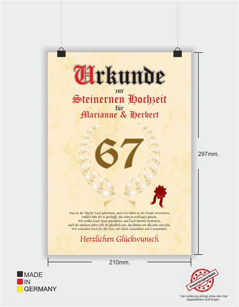 Steinerne Hochzeit Urkunde Geschenk Zum 67 Hochzeitstag Personalisiert