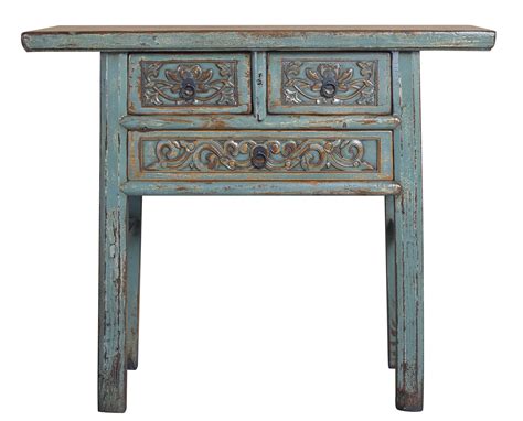 Console Chinoise Ancienne Bleu Sculpté à la Main L98xP42xH81cm