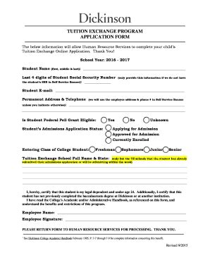 Fillable Online Dickinson TUITION EXCHANGE PROGRAM APPLICATION FORM Fax