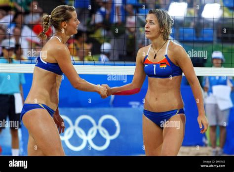 German Sara Goller L And Laura Ludwig React During The Womens Preliminary Beach Volleyball