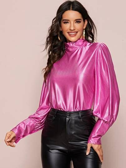 Bishop Sleeve Mock Neck Metallic Blouse Arbeit Outfit Elegantes