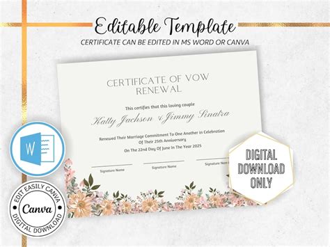 Editable Certificate Of Vow Renewal Template Marriage Etsy