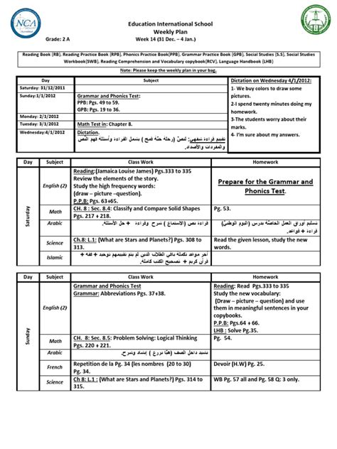 Education International School Weekly Plan Prepare For The Grammar And