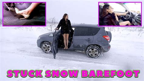 Vika Barefoot In High Heel Stuck Revving Drive Reverse In Snow K Real