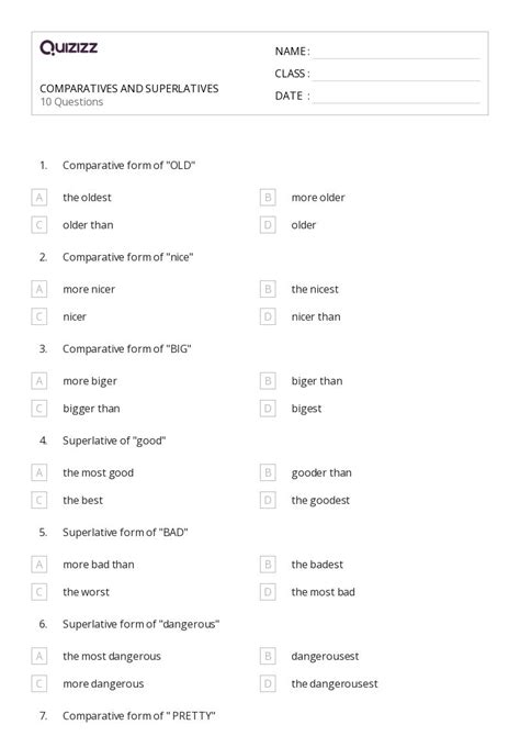 50 Comparatives And Superlatives Worksheets For 1st Class On Quizizz