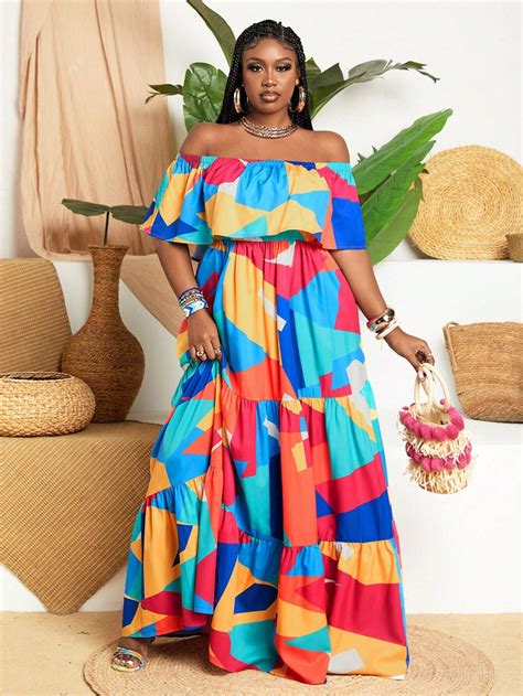 Shein Slayr Plus Size Geometric Printed Off Shoulder Dress Shein Usa