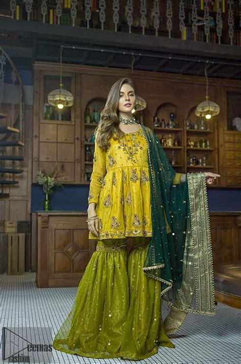 Latest Mehndi Wear Yellow Short Frock Mehndi Green Gharara In