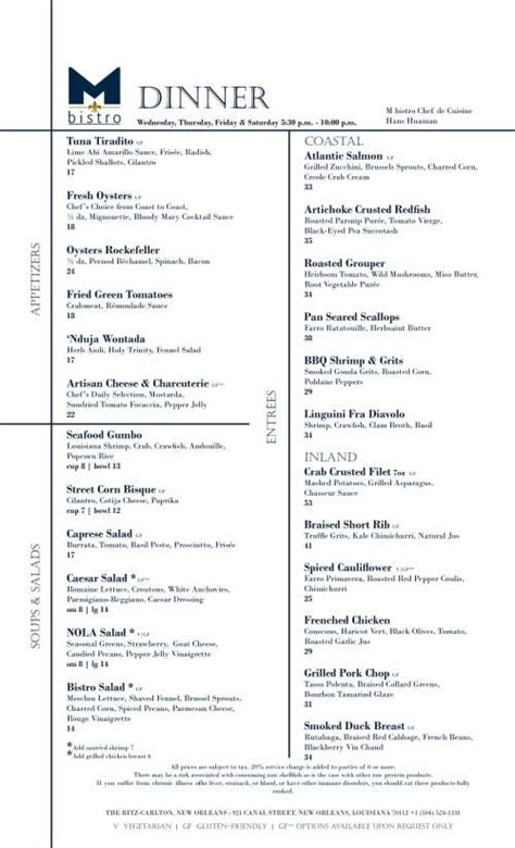 M bistro Restaurant menu in New Orleans, Louisiana, USA