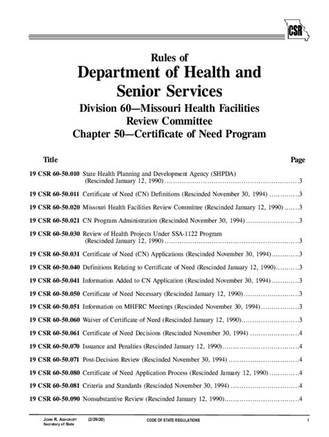 Fillable Online Health Mo Certificate Of Need Announcements