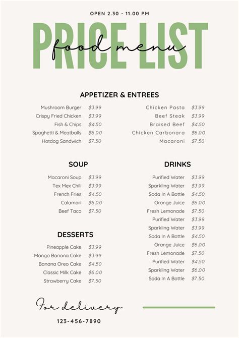 Green Food Menu Price List Template メニュー 本